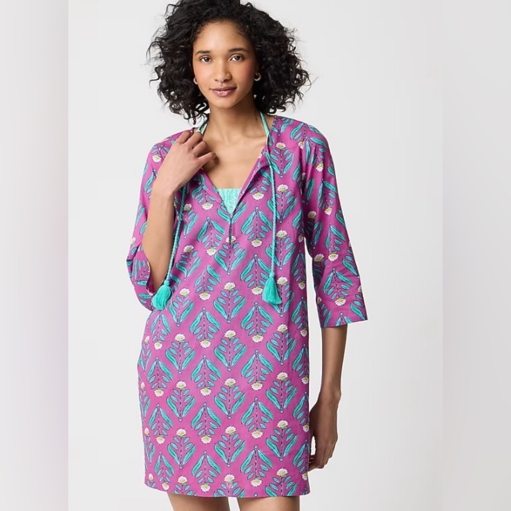 J. CREW Swimsuit Coverup Bright Amethyst Multi Print Beach Tunic cotton size M